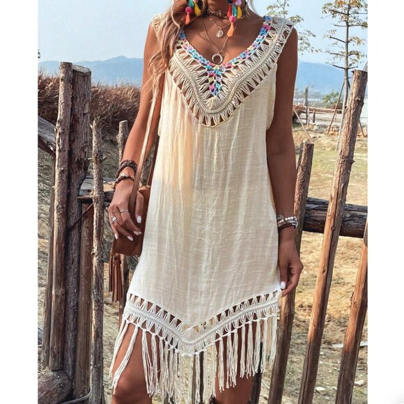 posh chronicles Other - Boho Fringe Backless Swim Cover Up Resort Beach Crochet Style